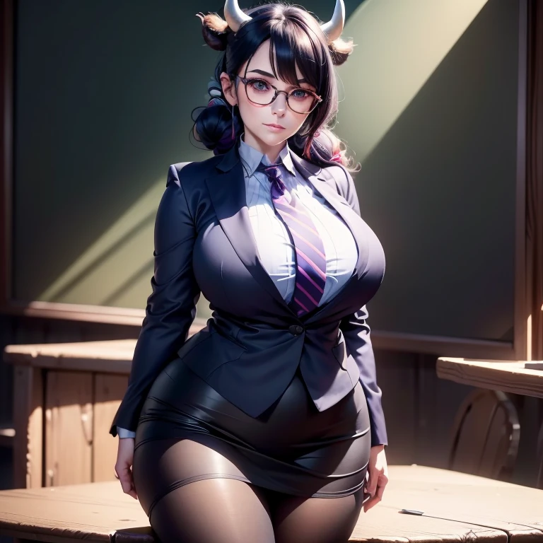 (A highly detailed and realistic anthropomorphic cow professor with long purple hair tied up in a bun, bovine horns and ears, piercing blue eyes behind large round glasses, thin lips, a round face, wearing a dark blue blazer with a striped tie, a long dark blue skirt reaching the knees, dark pantyhose, and red high heels, with a bovine tail, large breasts, wide hips, and thick thighs, standing in a classroom setting with a wooden desk and chalkboard in the background, best quality, 4k, 8k, highres, masterpiece:1.2, ultra-detailed, realistic, photorealistic, photo-realistic:1.37, hdr, uhd, studio lighting, ultra-fine painting, sharp focus, physically-based rendering, extreme detail description, professional, vivid colors, bokeh, portrait, concept art)