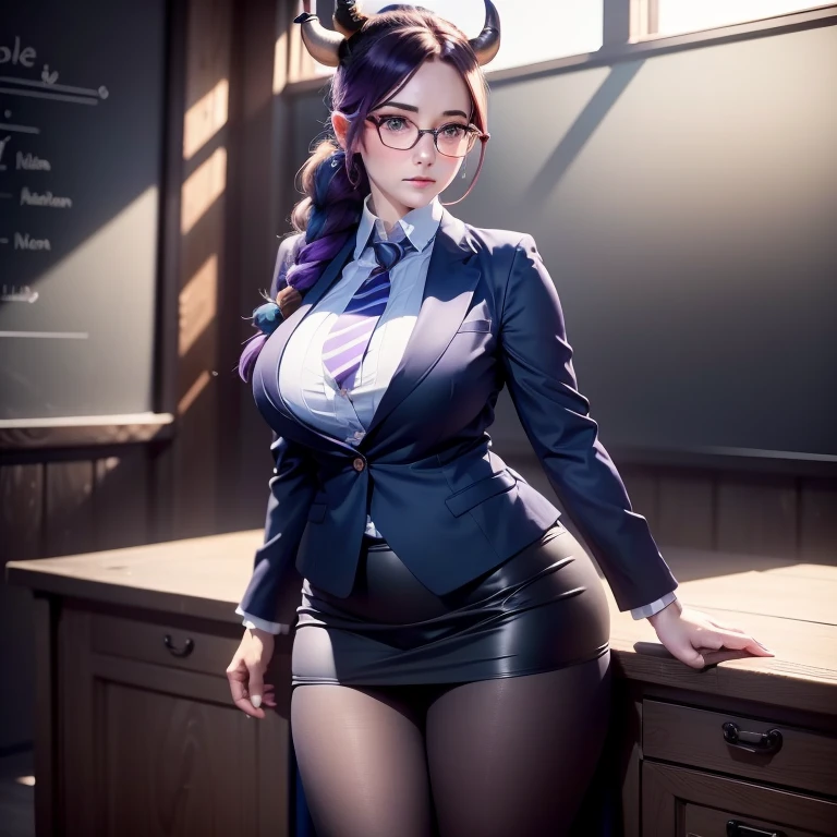 (A highly detailed and realistic anthropomorphic cow professor with long purple hair tied up in a bun, bovine horns and ears, piercing blue eyes behind large round glasses, thin lips, a round face, wearing a dark blue blazer with a striped tie, a long dark blue skirt reaching the knees, dark pantyhose, and red high heels, with a bovine tail, large breasts, wide hips, and thick thighs, standing in a classroom setting with a wooden desk and chalkboard in the background, best quality, 4k, 8k, highres, masterpiece:1.2, ultra-detailed, realistic, photorealistic, photo-realistic:1.37, hdr, uhd, studio lighting, ultra-fine painting, sharp focus, physically-based rendering, extreme detail description, professional, vivid colors, bokeh, portrait, concept art)