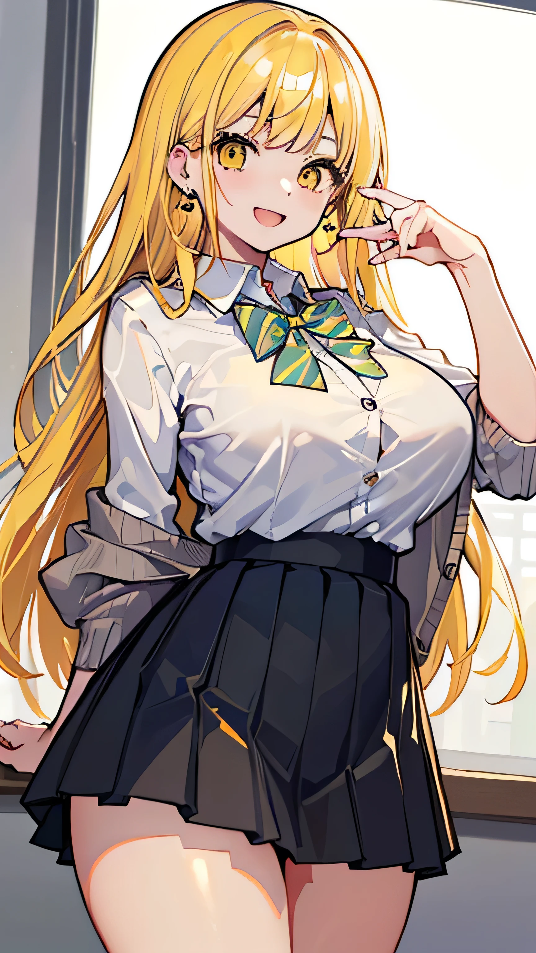 (masterpiece、Please redeem、Very detailed))、One Girl、Improve、Yellow gradient hair、Long Hair、Bright yellow eyes、Wicked Smile、((Open your mouth))、((Lots of earrings))、((Large Breasts))、((White collar shirt))、、Bow tie、((Black Pleated Skirt))、((mini skirt))、Cardigan at waist、((Thick waist))、Thighs、Cowboy Shot、Classroom Background