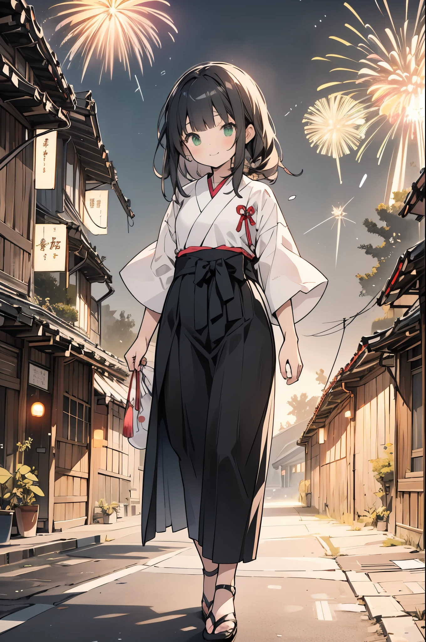 ((Best Quality、8k、masterpiece:1.3))、Japanese anime style,people々Girl in,1people,1peopleで,((Petite,Glamorous Body,curve)),cute,Smiling face,((Long black hair)),Beautiful emerald green eyes,少年と二people,Standing and watching the fireworks,In the background, large fireworks are bursting,
