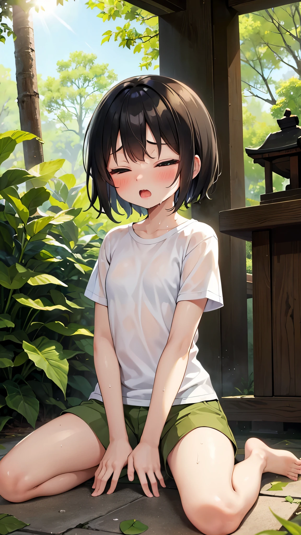 forest,Are crying,Are standing,close your eyes,1. small  ,short hair,Black Hair,blush,White T-shirt,Olive green shorts,Brown Sandals,White skin,summer,From below,shy,Sweat,Please open your mouth wide,sun,Wet,Sweatだく, Put your hands between your legs,