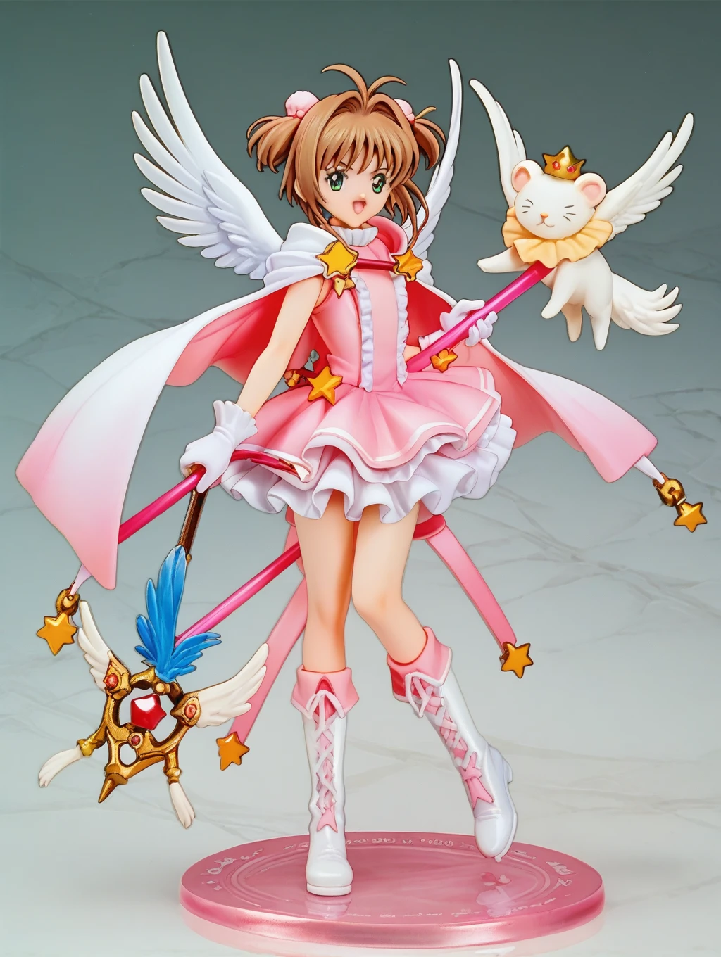 Cardcaptor Sakura,Pink Cape,White ruffled blouse,Pink dress,A staff decorated with a star on the top and feathers,White folded short boots,Ruffled gloves,((White short boots))