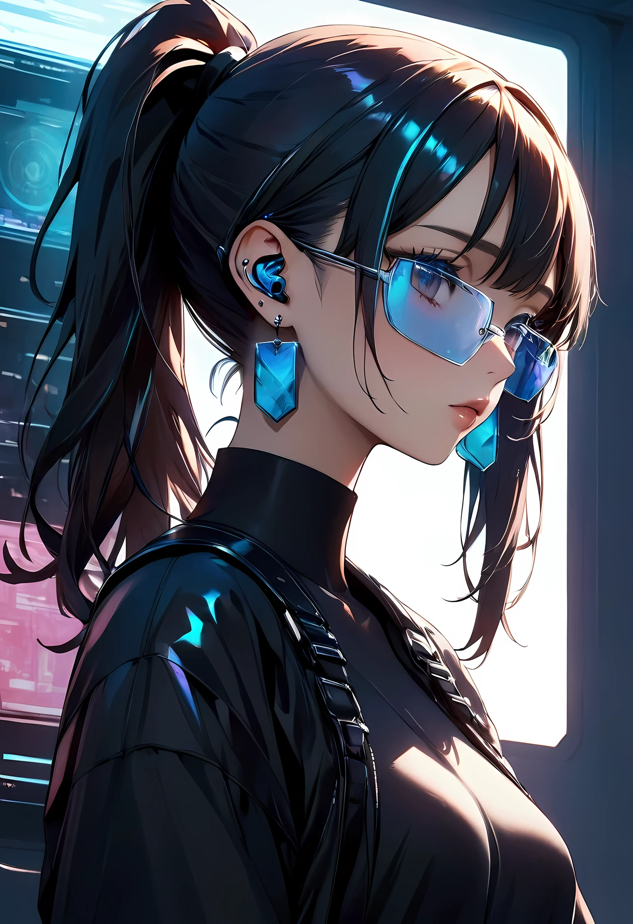 、Best Quality, 8k, High image quality, Face closeup,1 girl,ponytail,(Simple cool earrings with a cyber feel in holographic colors)