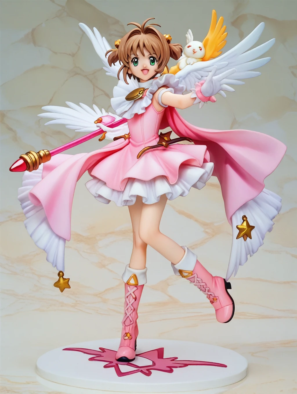 Cardcaptor Sakura,Pink Cape,White ruffled blouse,Pink dress,A staff decorated with a star on the top and feathers,White folded short boots,Ruffled gloves,((White short boots))