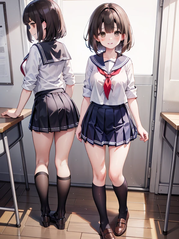 (((masterpiece, Highest quality, High resolution, 超High resolution, Pixel perfect, Written boundary depth, 4K, RTTX10.0, High resolution))), Beautiful Anime Women, Beautiful art style, Anime characters, ((Long Hair, bangs, Dark brown hair, ponytail)), ((Smooth texture, Realistic texture, Anime CG Style)), Perfect body, (Slender body:1.2), Exact finger count、Exact number of legs、(Exact number of arms:1.0, Exact number of hands:1.0), (Three women standing side by side, Lean your torso against the table to expose your buttocks., Angle from above the back:1.3), (Fashionable white shirt, Sailor collar, Knee-high socks, loafers, Pleated mini skirt:1.3), Realistic, Highest quality, High resolution, Perfect lighting, Highly detailed CG, (Perfect hands, Perfect Anatomy), (School classroom:1.3), Daytime lighting, whole body, ((Stylish shiny satin panties, side-tie white panties, Black lace trim :1.3)), (Beautiful and thin thighs、Beautiful little ass:1.3),cum in pussy,nsfw