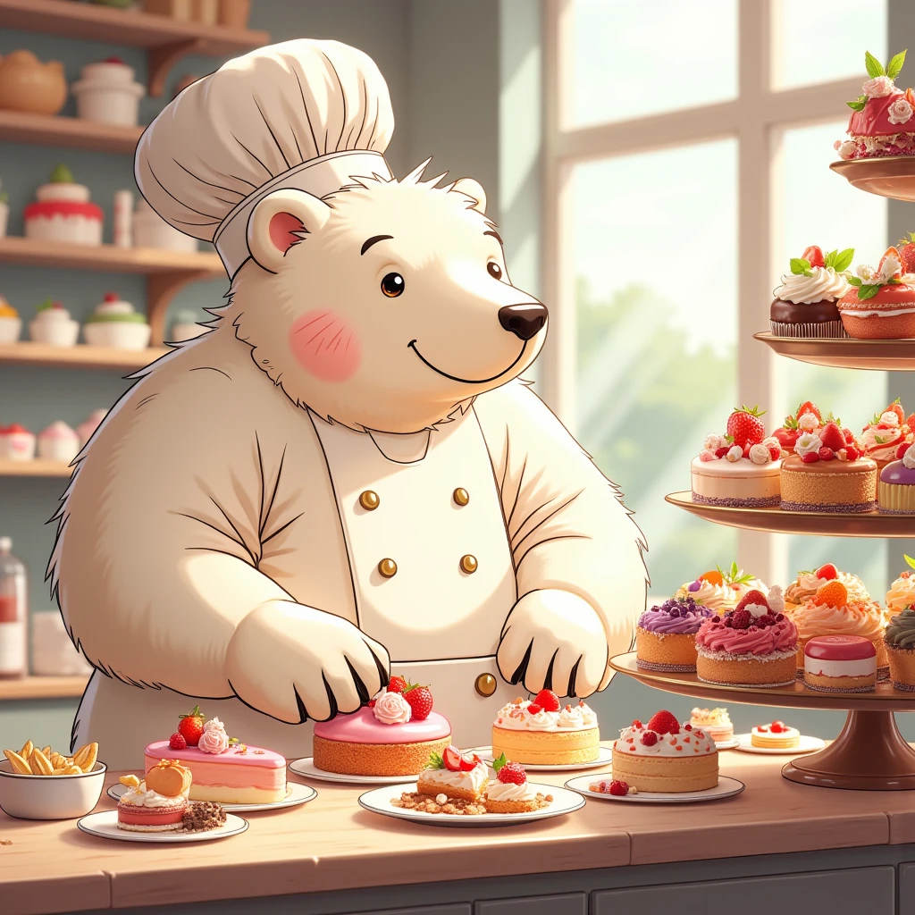 pastry chef, a plump middle-aged polar bear man, full body in Michelangelo Buonarroti style, digital illustration anime, character focus, full body, looking away, dynamic angle, BREAK happy, little smile, chef's hat, costume, boots, cook a cake, a beautiful pastel-colored patisserie, intricate and delicate cakes, delicate floral decorations, perfectly arranged dessert display, assorted fruits, sugar flowers, macarons, cupcakes, tarts, sweet treats, dynamic pose, detailed painting landscape, morning, patisserie, kitchen, indoor, france, BREAK complete anatomy, perfect proportions, beautiful thigh gap, fluffy body, intricate fur details, beautiful fur texture, BREAK detailed polar bear tail, detailed boots, detailed hands, 5fingers, 5fingers nails, BREAK aesthetic anime face, insanity detailed face, male face, big face, square jawline, aesthetic anime eyes, detailed brown eyes, detailed brown cornea, detailed dark brown irises, detailed pupils, male eyes, big eyes, male eyebrows, innocent look, beautiful beard, BREAK masterpiece, official art, best quality, very aesthetic, absurdres, super fine illustration, great quality, BREAK noise reduction, very highres, large filesize, high quality, 32K, 8k wallpaper, dynamic lighting, BREAK insanity detailed, ultra detailed, intricate details, extremely detailed, detailed texture, an extremely delicate and beautiful, full color, HDR, BREAK e621 uncut tag, Fur Affinity illustration, osukemo, kemohomo, anthropomorphic, furry, cartoon, harmonious eyes, pastoral face, virtuous body, sweet atmosphere