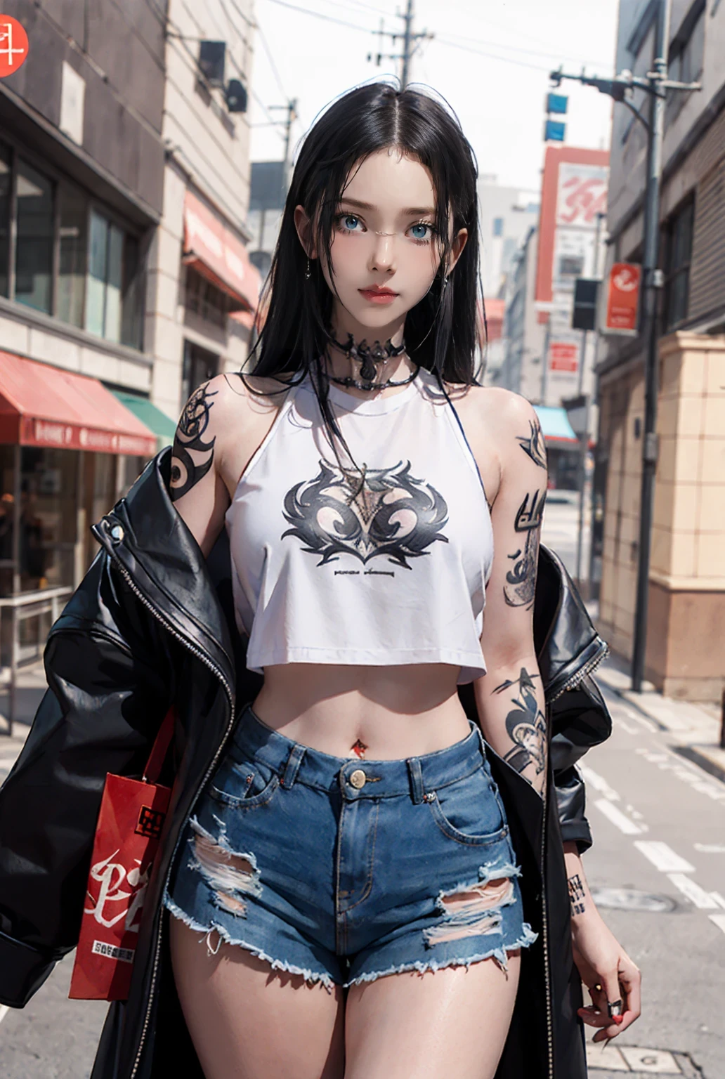 One girl, Gray Hair, Long Hair, Techwear masterpiece, highest quality, Realistic, Dark purple jacket, Portraiture, Fine grain, Wearing the headset, Platinum Hair, 21 year old girl, Fashion pose, Half Body, Wide shot, on the road, cyber punk,(((He has many tattoos all over his body)), (((Tight waist))), ((Big Breasts)),(See-through),panties