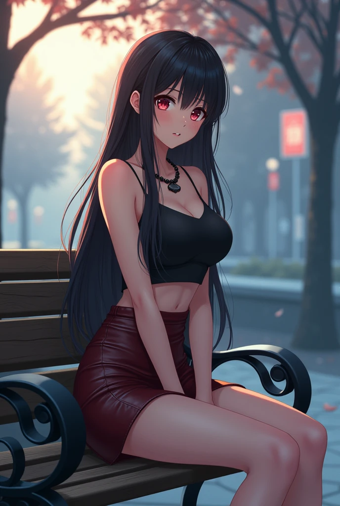 highest quality、one beautiful woman、beautiful big breasted woman、medium hair woman、(brown haired woman:1.3)、((A woman wearing a black see-through top:1.3))、(((woman wearing a red miniskirt:1.3)))、woman wearing black knee socks、street tree、sit on a bench