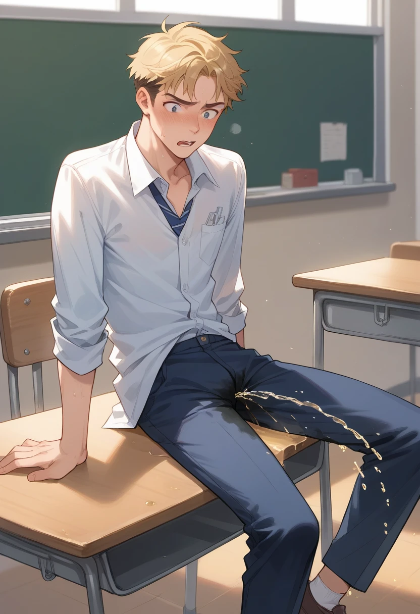 20 years old, slender and mascular man in his blue short pants is peeing himself in college classroom. He is sitting on the chair. There's a pee wet spot on his pants. A large Pee stain on his crotch. He couldn't hold his pee and pissed his pants during a lesson. He looks ashamed of peeing himself. 