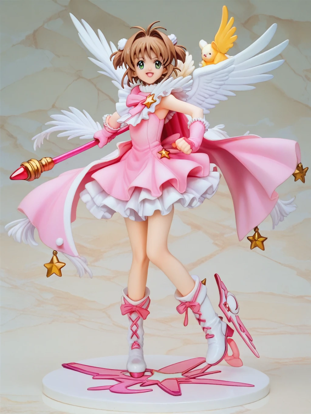 Cardcaptor Sakura,Pink Cape,White ruffled blouse,Pink dress,A staff decorated with a star on the top and feathers,White folded short boots,Ruffled gloves,((White short boots))