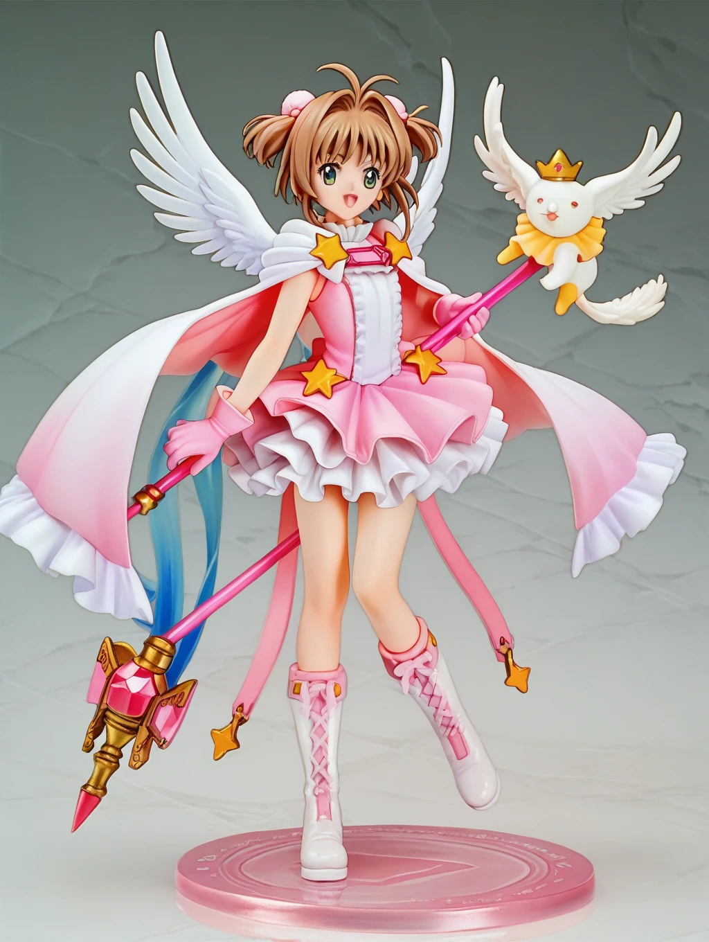 Cardcaptor Sakura,Pink Cape,White ruffled blouse,Pink dress,A staff decorated with a star on the top and feathers,White folded short boots,Ruffled gloves,((White short boots))