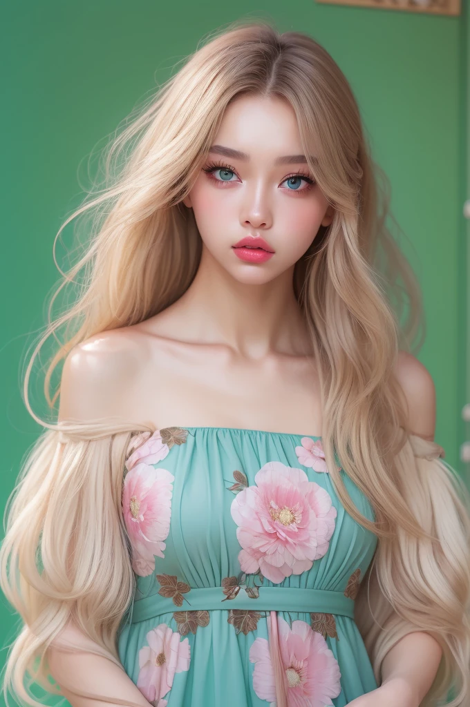 (detailed), studio lighting, hyper detailed, realistic portrait, Perfect Face.1 teenage girl, 、Blue eyes with well-defined double eyelids and long eyelashes, in the blue backdrop, realistic face, detailed skin, ピンクblond long bob hair 、bangs covering forehead, extremely detailed lips, large mouth, full, plump, glossy light pink lips, natural-looking makeup, transparent lip gloss, with off-shoulder mini summer dress, photorealistic, ((Best Quality)), ((masterpiece)), high quality, 8k, masterpiece