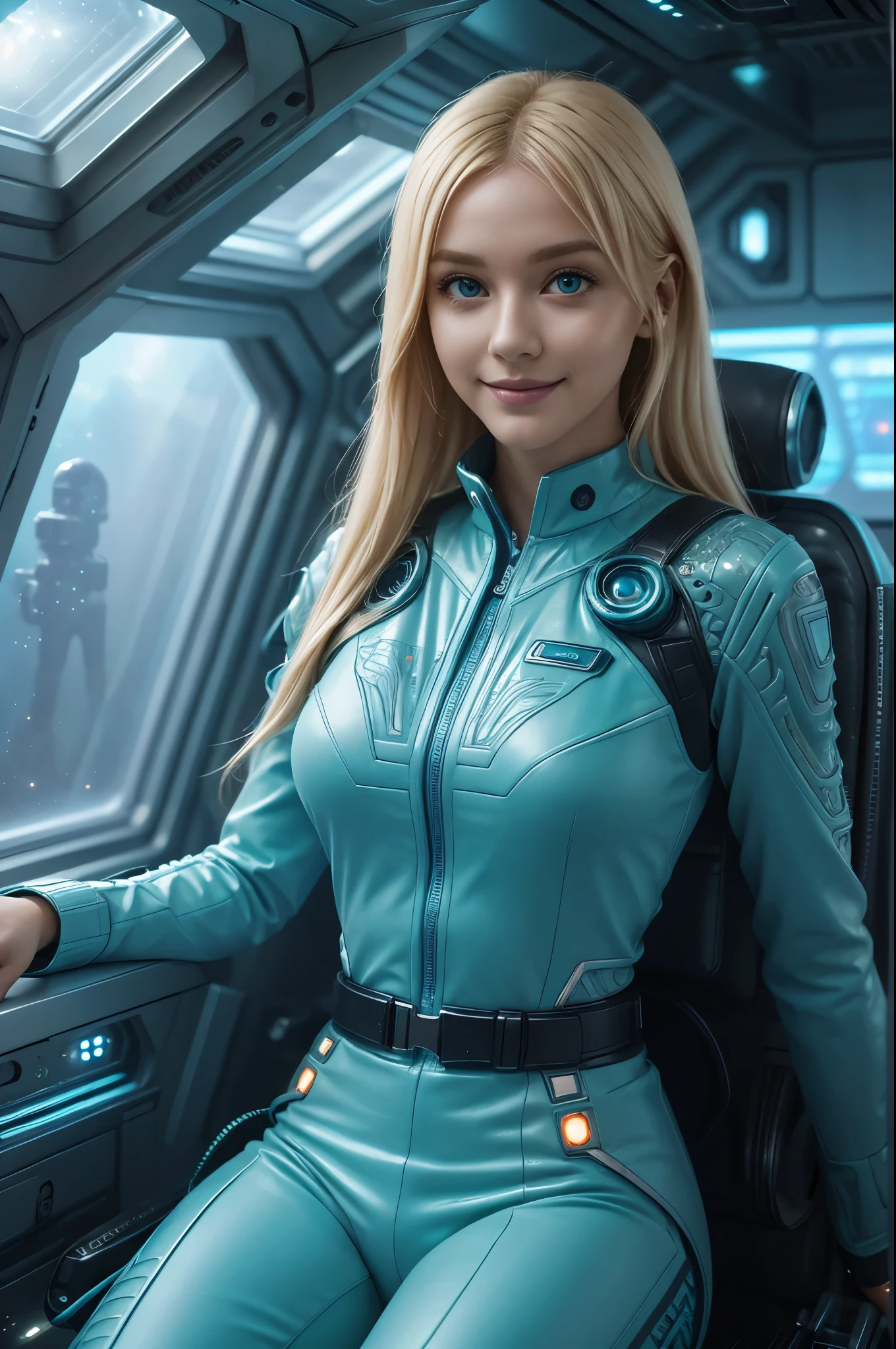 ((full body shot)) (extremely intricate:1.3), (photorealistic:1.4), hyper-detailed (in the style of sci fi 1970:1.2), Beautiful young woman wearing sexy teal space uniform, sitting on a chair in the cabin of a spaceship, Blonde hair, green eyes, symmetrical eyes, perfect skin, perfect body, perfect face, Small face, (sexy smile), widely spaced ноги, widely spaced, excited eyes, masterpiece, 8 k. Subloop Light, rim light, Highly detailed spaceship background, whole body, 50 mm, long distance, whole body видно