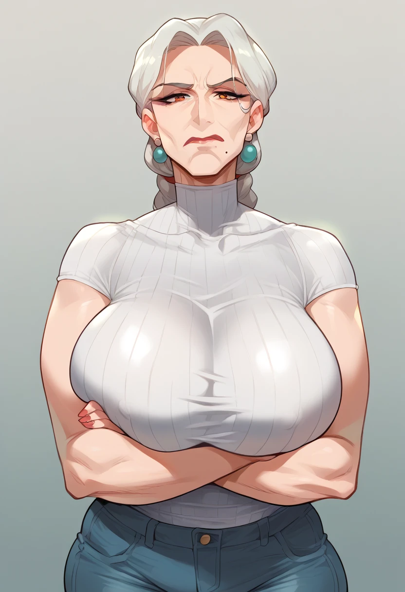 Hyper realistic, grandmother, gilf, mature female, perfect face, perfect lighting,, sexy female, closed mouth, beauty mark, thicc، cleavage, huge breasts, High neck sleeveless white ribbed knit T-shirt(loose)、Denim pants、胸の下で腕を組む、crossed arms under breasts