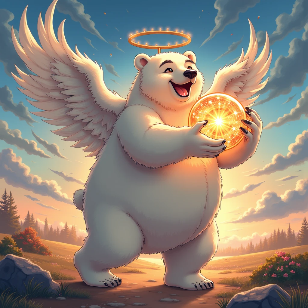 chibi, angel, a plump middle-aged polar bear man, angel wings, full body in Michelangelo Buonarroti style, digital illustration anime, character focus, full body, looking away, dynamic angle, niji6, BREAK happy, light smile, rushing wind, hold with both hands quantum electromagnetic life form sacred sphere, spinning fly, cute pose, detailed painting landscape, twilight, kaleidoscopic swirls, outdoor, BREAK complete anatomy, perfect proportions, beautiful thigh gap, fluffy body, intricate fur details, beautiful fur texture, BREAK detailed bear tail, detailed toe, 5toes, 5toes nails, beautiful foot, detailed hands, 5fingers, 5fingers nails, BREAK cute face, aesthetic anime face, insanity detailed face, male face, big face, square jawline, aesthetic anime eyes, detailed brown eyes, detailed brown cornea, detailed dark brown irises, detailed pupils, male eyes, big eyes, male eyebrows, innocent look, beautiful beard, BREAK masterpiece, official art, best quality, very aesthetic, absurdres, super fine illustration, great quality, BREAK noise reduction, very highres, large filesize, high quality, 32K, 8k wallpaper, dynamic lighting, BREAK insanity detailed, ultra detailed, intricate details, extremely detailed, detailed texture, an extremely delicate and beautiful, full color, HDR, BREAK e621, Fur Affinity illustration, osukemo, kemohomo, anthropomorphic, furry, cartoon, harmonious, pastoral, virtuous, epic atmosphere 