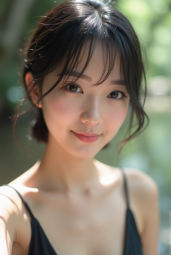 (((smile、Focus on the eyes:1.1、Extremely detailed:1.22、Ultra-high resolution、masterpiece:1.45、Highest quality)))、((((Whole body expression:1.68、camisole、Leaning forward、One person))))、long, straight black hair、So that every single hair is clearly visible、The subtle color changes of hair depending on how the light hits it、 Skin has a natural glow、Fine skin texture、Representing the fine details of pores:1.25、Details of the light redness on the forehead and cheeks、(((Eyes with fine iris details、The eyes depict color gradations and patterns.、Long, natural-looking eyelashes, each and every one visible、Well-groomed eyebrows、眉毛のindivual々The hair is clearly visible、Light reflecting off into the eye、The light in the eyes creates small highlights)))、The nose is delicate、Fine detail on the nostrils、Lips are plump and naturally pink、Depicts the fine lines and soft curves of the lips、lips are shiny and、The gloss on your lips accentuates their shape.、(((Detailed depiction of lip texture、Particular attention to the depiction of light and shadow、Soft natural light gently illuminates the face from the front、A faint glow on the forehead、A slight shine on the nose、A slight glow on the cheeks、Shadows are cast softly along the contours of the face、Accentuate the sides of your cheekbones、Accentuate the sides of the jawline、Emphasize the sides of the nose、The gloss on her lips reflects the light faintly、Lips emphasize the plump texture、The shadow of the hair gives depth and dimension、indivual々The hair shines in the light、