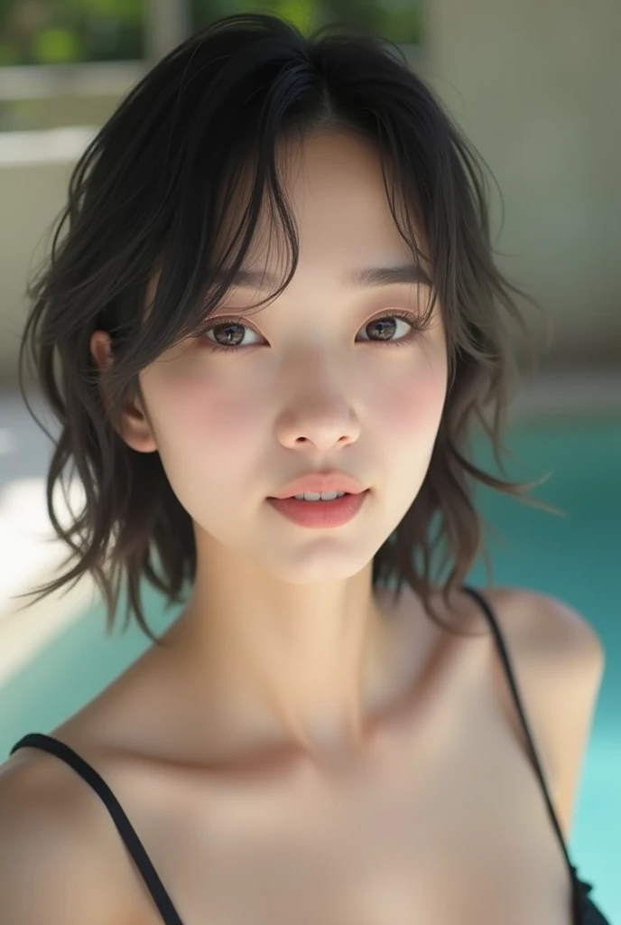 (Hyper-realistic), (Illustration), (High resolution), (8K), (Extremely detailed), (Photorealsitic), (Beautiful detailed eyes), (Best Quality), (Ultra-detailed), (masutepiece), (Wallpaper), (Detailed face), Solo 1 Girl, Black hair, Short hair, Towel, sauna, Wet, Water, Wet clothes, Bath, hot onsen