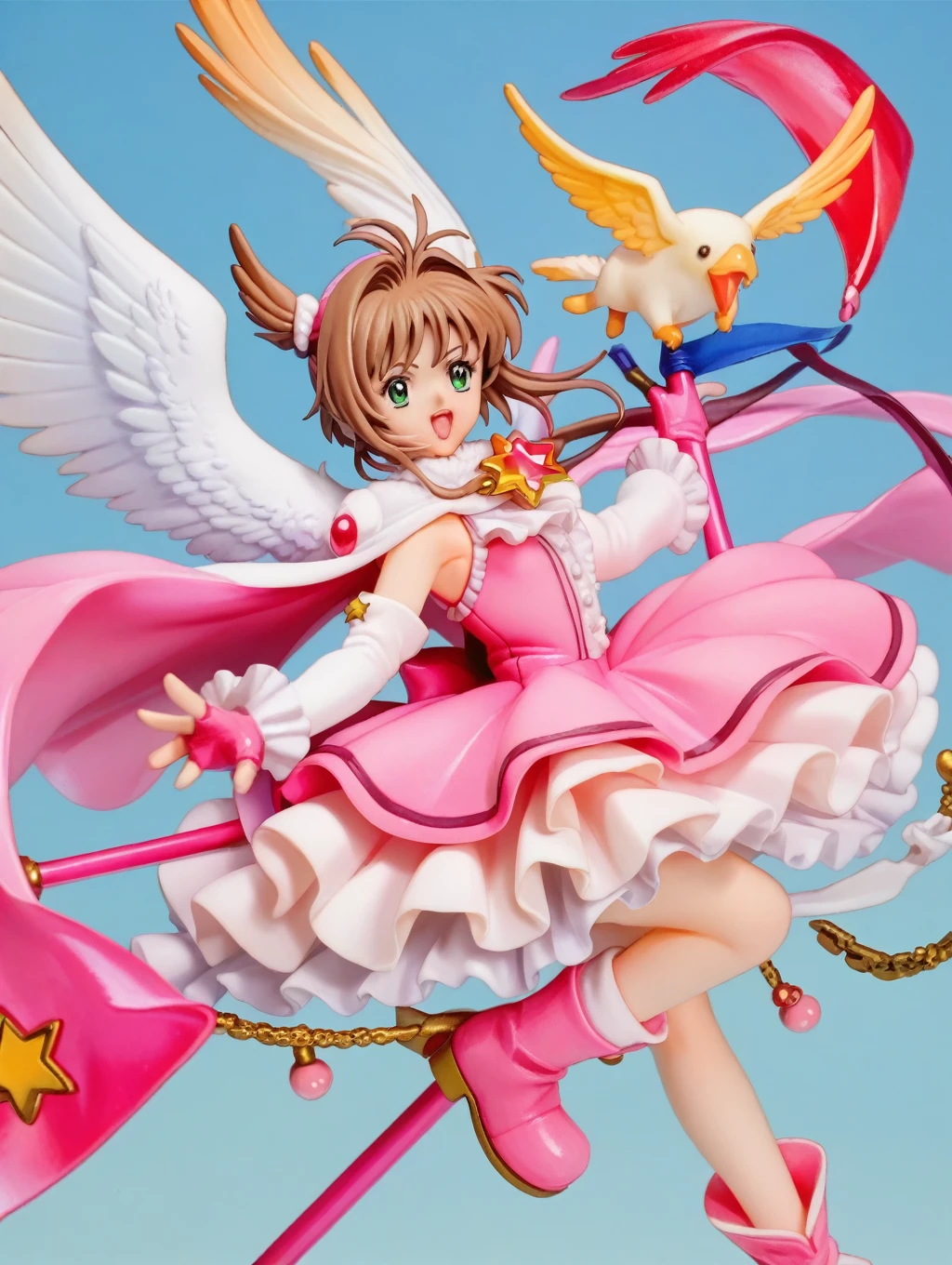 Cardcaptor Sakura,Pink Cape,White ruffled blouse,Pink dress,A staff decorated with a star on the top and feathers,White folded short boots,Ruffled gloves,((White short boots))