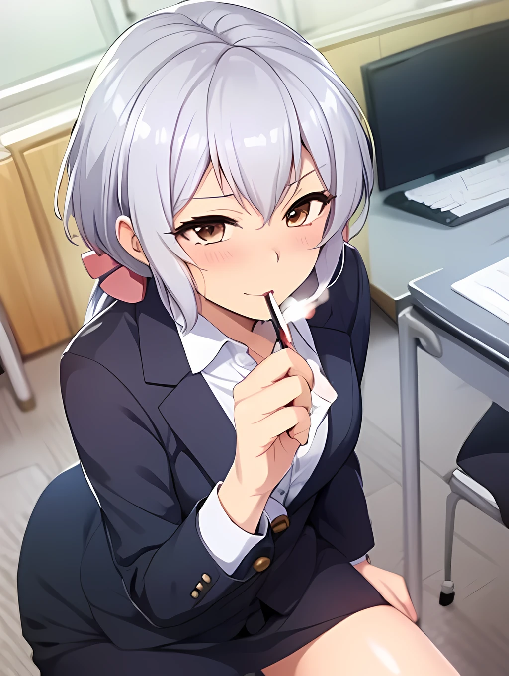 Silver Hair,Twin tail hair,Yukine Chris,Office smoking room、Smoking a cigarette、Relaxed face、Cute girl in sexy office suit