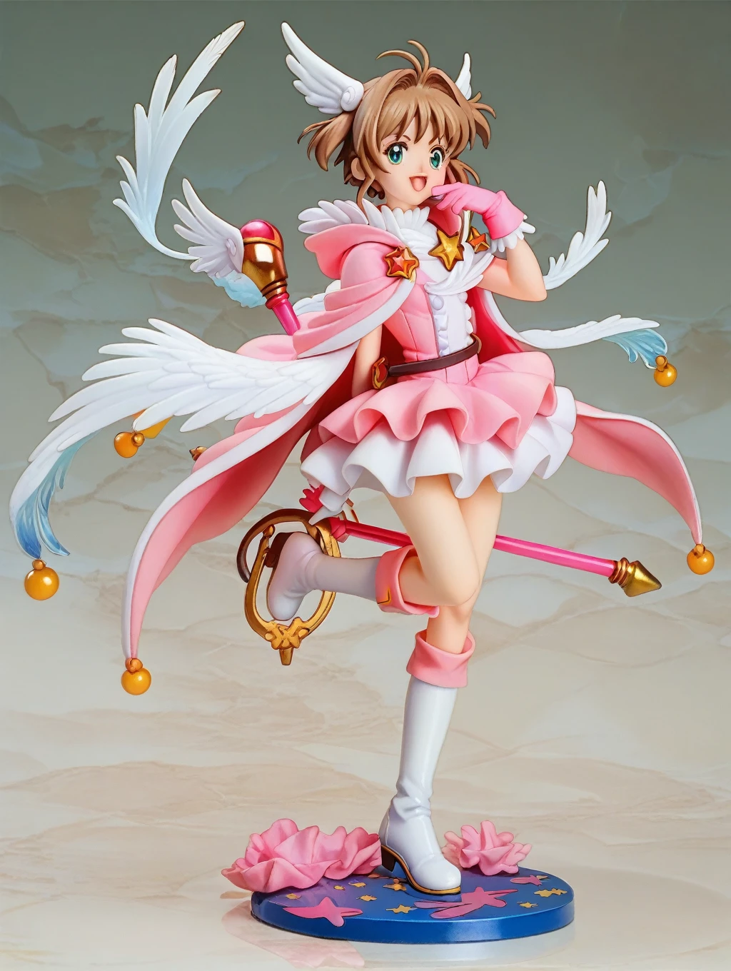 Cardcaptor Sakura,Pink Cape,White ruffled blouse,Pink dress,A staff decorated with a star on the top and feathers,White folded short boots,Ruffled gloves,((White short boots))