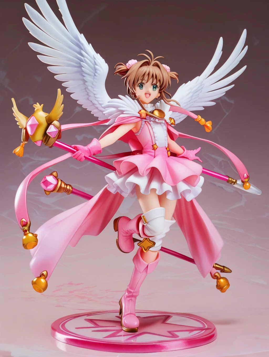 Cardcaptor Sakura,Pink Cape,White ruffled blouse,Pink dress,A staff decorated with a star on the top and feathers,White folded short boots,Ruffled gloves,((White short boots))