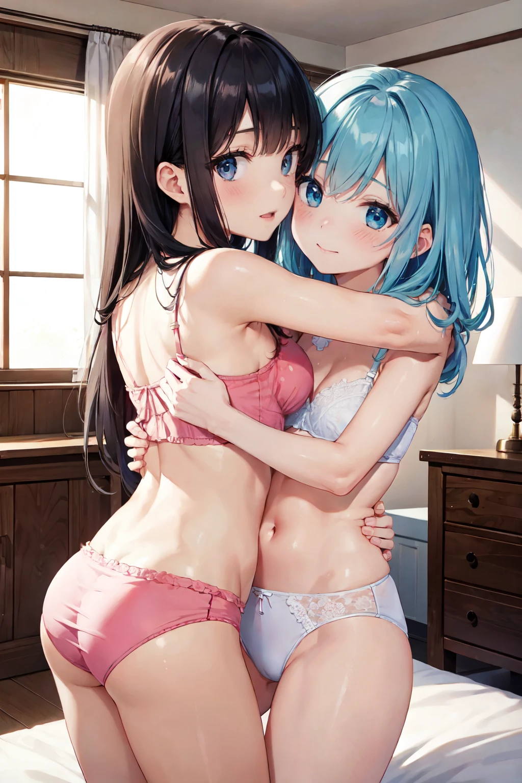 (((two girls)))、Two people flirting、Two are lovers、highest quality、16k、プロのilluminate、Beautiful woman、precision hair、beautiful and delicate skin、shiny skin、No makeup、Slender、pale skin、big ortale、(wearing underwear)、(((very sexy blue nightgown,)))、thin underwear。detailed background、on the bedで、touch crotch、put your hand inside my underwear、fine eyes、You can see the evening coast from the window、white sand beach、dark background、sunset、illuminate、wearing accessories in hair、pink glasses、（((blue satin panties、red bra))）、(((red bunty))、red panties、Twin tail arrangement、（((blue hair))）、blue hair、hair is long。knead your chest、lick、red bed、on the bed、luxury hotel、お尻をlick、Two people who love each other、ecstasy face、kiss each other、hug