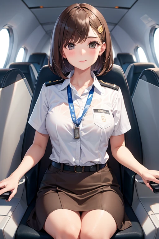 hitenkei style, claude monet, oil painting, nsfw, masterpiece, 1 girl, erect nipples, intricately detailed, ((topless)), navel, office skirt, pantyhose, bare shoulders, choker, erect nipples, puffy nipples, extremely detailed, photorealistic, octane render, 8 k, unreal engine, bare breasts, nipples, bare stomach, flight attendant, airplane interior, plane aisle, pillbox hat, smiling, collarbone, wet body, brown hair, white curtain, window, interior, ray of lights, aqua eyes, tied hair, uneven bangs, arm straps, half gloves