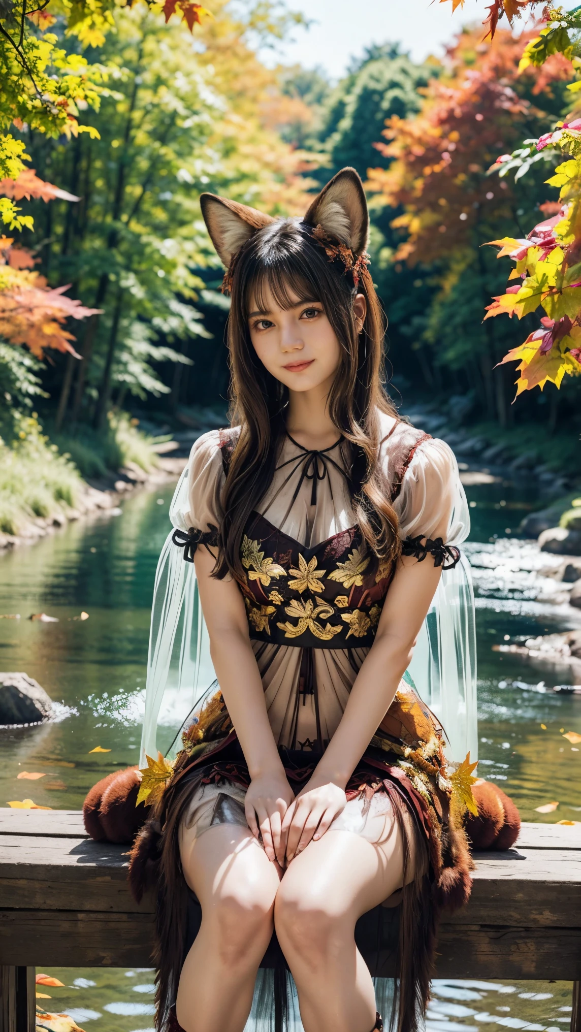 1 fox girl, ruby eyes, fox tail, fox ears, brown hair, chignon, (smile:0.9), (parted lips:0.9), cute,
china dress, side slit, pelvic curtain, (sandals:0.9),
sitting on bridge, leaning forward, knee up,
(autumn leaves:1.1), (crimson stream:0.9), (crimson lighting:1.1), dancing leaves, night,
sharp focus, looking at viewer,
(intricate:1.1), (crimson tone:1.1), (brown tone:0.7), (crimson atmosphere:1.1),
llustration, (anime coloring:1.1), high contrast,
BREAK (masterpiece:1.2), (best quality:1.2), (very aesthetic:1.2), (absurdres:1.2), (detailed background), newest, ai-generated, (intricate details:1.2), (gigantic :1.5), (Fluffy fox tail:1.2),(See-through costume:1.6)