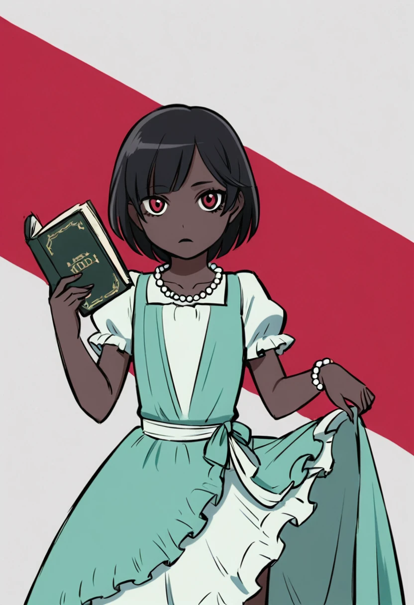 1girl, very dark skin, long black hair, ruby red eyes, light makeup, long mint green dress, dress draping over thigh, pearl necklace, pearl bracelet, holding a book,
