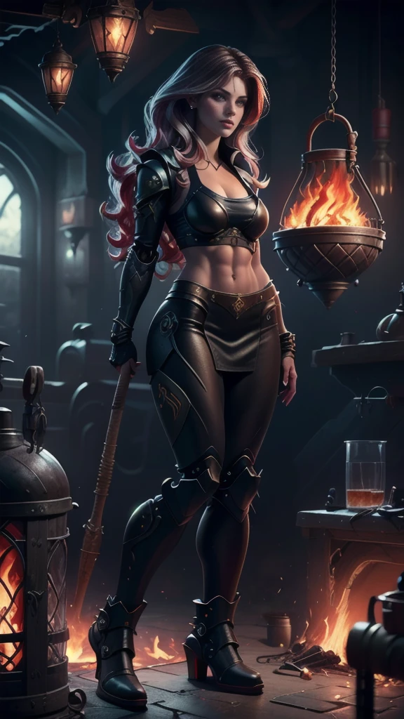 (sfw), (wide angle), 1woman, goddess of the forge, Hephaestus, ruby red eyes, ((blacksmith woman)), middle-aged woman in her 40s, (small bust:1.37), well toned physique, ((medium length wavy hair with crimson roots fading to black tips)), burn scars on chest and arms, (wearing leather apron, apron with glowing symbols), (tight black button up shirt) , (wearing skin tight white leggings), wearing flat heeled work boots, ((swings a huge smithy hammer in one hand, over her head)), smith's hammer is glowing green, she stands at an angelic anvil, (set inside a massive robotic factory:1.37), ((high resolution)), intricately detailed facial features, detailed piercing eyes, refined jawline, masterpiece, 8k, ((hyper realistic)), standing in various modeling poses, cinematic lighting, dramatic shadows, warm color tones, intricate details, hyper-detailed, mlpshimmer, acoaL leggings, wjqhammer 