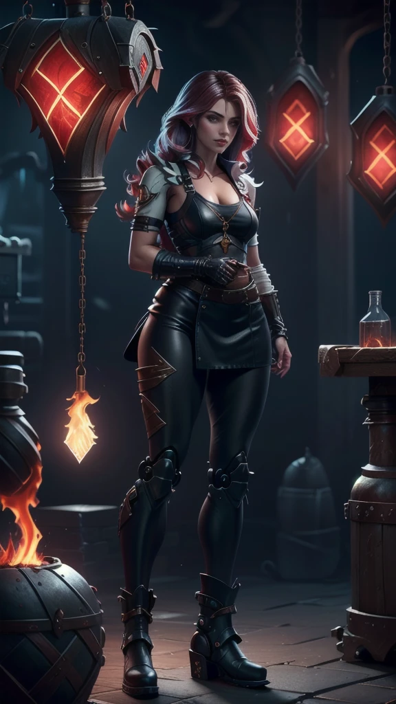 (sfw), (wide angle), 1woman, goddess of the forge, Hephaestus, ruby red eyes, ((blacksmith woman)), middle-aged woman in her 40s, (small bust:1.37), well toned physique, ((medium length wavy hair with crimson roots fading to black tips)), burn scars on chest and arms, (wearing leather apron, apron with glowing symbols), (tight black button up shirt) , (wearing skin tight white leggings), wearing flat heeled work boots, ((swings a huge smithy hammer in one hand, over her head)), smith's hammer is glowing green, she stands at an angelic anvil, (set inside a massive robotic factory:1.37), ((high resolution)), intricately detailed facial features, detailed piercing eyes, refined jawline, masterpiece, 8k, ((hyper realistic)), standing in various modeling poses, cinematic lighting, dramatic shadows, warm color tones, intricate details, hyper-detailed, mlpshimmer, acoaL leggings, wjqhammer 