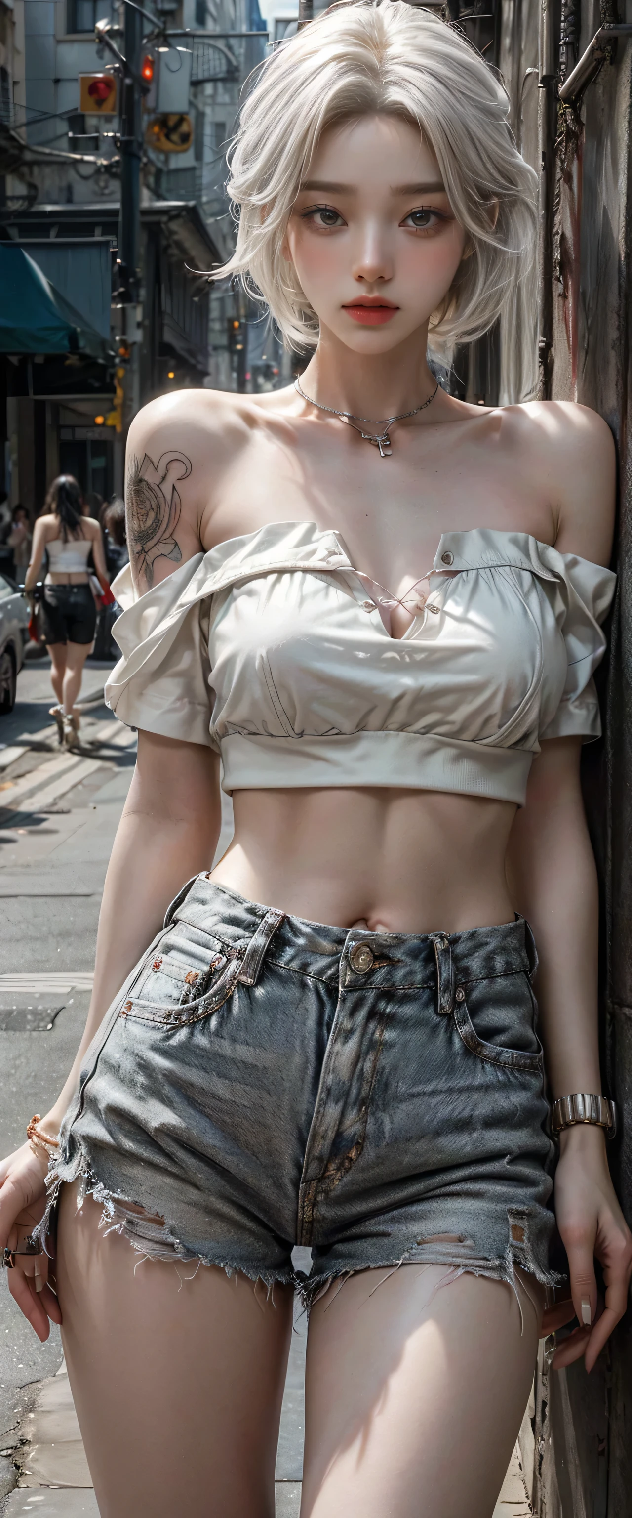 cross eyed short tired girl with high loose strands across her face disheviled messy bun and lots of freckles across her face, loose low hanging baggy jumper and baggy shorts and bandaged legs and arms bandaged and crossed and a scar across her left blind eye with a ruined allyway background full body pictured