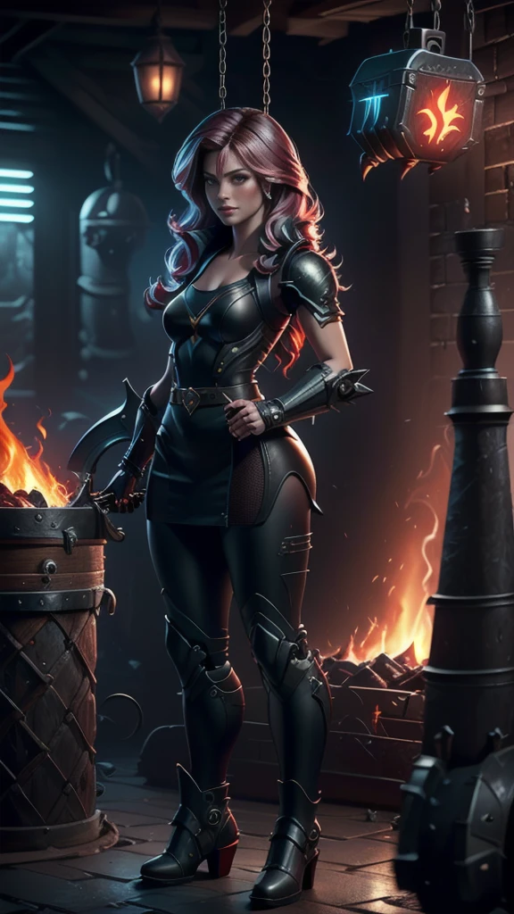 (sfw), (wide angle), 1woman, goddess of the forge, Hephaestus, ruby red eyes, ((blacksmith woman)), middle-aged woman in her 40s, (small bust:1.37), well toned physique, ((medium length wavy hair with crimson roots fading to black tips)), burn scars on chest and arms, (wearing leather apron, apron with glowing symbols), (tight black button up shirt) , (wearing skin tight white leggings), wearing flat heeled work boots, ((swings a huge smithy hammer in one hand, over her head)), smith's hammer is glowing green, she stands at an angelic anvil, (set inside a massive robotic factory:1.37), ((high resolution)), intricately detailed facial features, detailed piercing eyes, refined jawline, masterpiece, 8k, ((hyper realistic)), standing in various modeling poses, cinematic lighting, dramatic shadows, warm color tones, intricate details, hyper-detailed, mlpshimmer, acoaL leggings, wjqhammer 