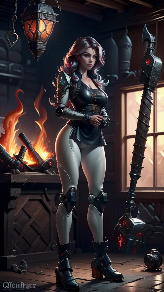 (sfw), (wide angle), 1woman, goddess of the forge, Hephaestus, ruby red eyes, ((blacksmith woman)), middle-aged woman in her 40s, (small bust:1.37), well toned physique, ((medium length wavy hair with crimson roots fading to black tips)), burn scars on chest and arms, (wearing leather apron, apron with glowing symbols), (tight black button up shirt) , (wearing skin tight white leggings), wearing flat heeled work boots, ((swings a huge smithy hammer in one hand, over her head)), smith's hammer is glowing green, she stands at an angelic anvil, (set inside a massive robotic factory:1.37), ((high resolution)), intricately detailed facial features, detailed piercing eyes, refined jawline, masterpiece, 8k, ((hyper realistic)), standing in various modeling poses, cinematic lighting, dramatic shadows, warm color tones, intricate details, hyper-detailed, mlpshimmer, acoaL leggings, wjqhammer 