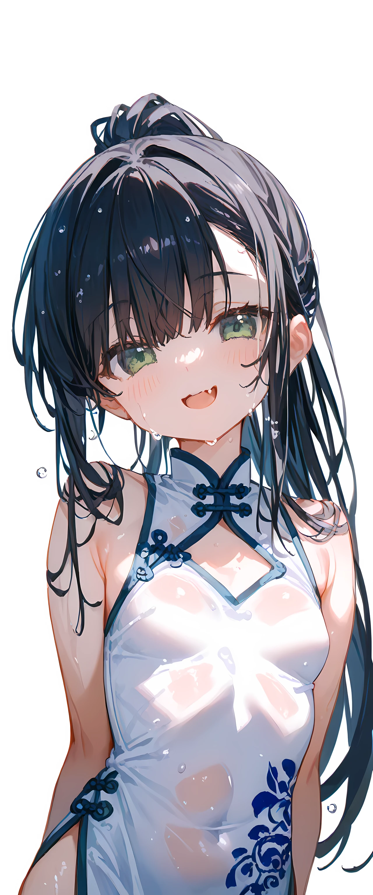 (((White background)))(A high-resolution masterpiece, 超High resolution, high detailed, High resolutionモデル, Best Quality:1.2),Japanese black hair,Young girl,White skin,Oily, Sweaty skin, Shiny black bangs, Highlight color hairstyle,Inner Color, Behind the ear,Wet Hair,Middle ponytail hair, Diagonal bangs, Hair covering the eyes:1.3, Cookhold Subjective(masterpiece:1.5), Super detaileded, High resolution, 8k, Beautiful green eyes、detailed, 1 cute girl,Middle ponytail hairの小さい女の子, Blue droopy eyes, Small breasts,Small breasts,Chinese dress costume,Fang Smile