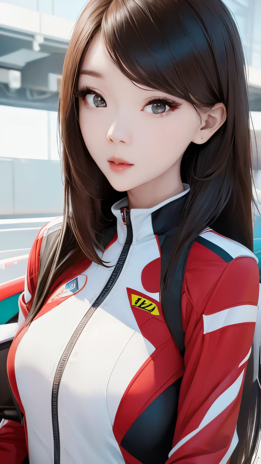 Beautiful Korean female idol, Wear a racing suit, Standing in front of the camera, Detailed and realistic portraits, High resolution 8K, Best quality, Super detailed facial features, Complex skin texture, Professional lighting