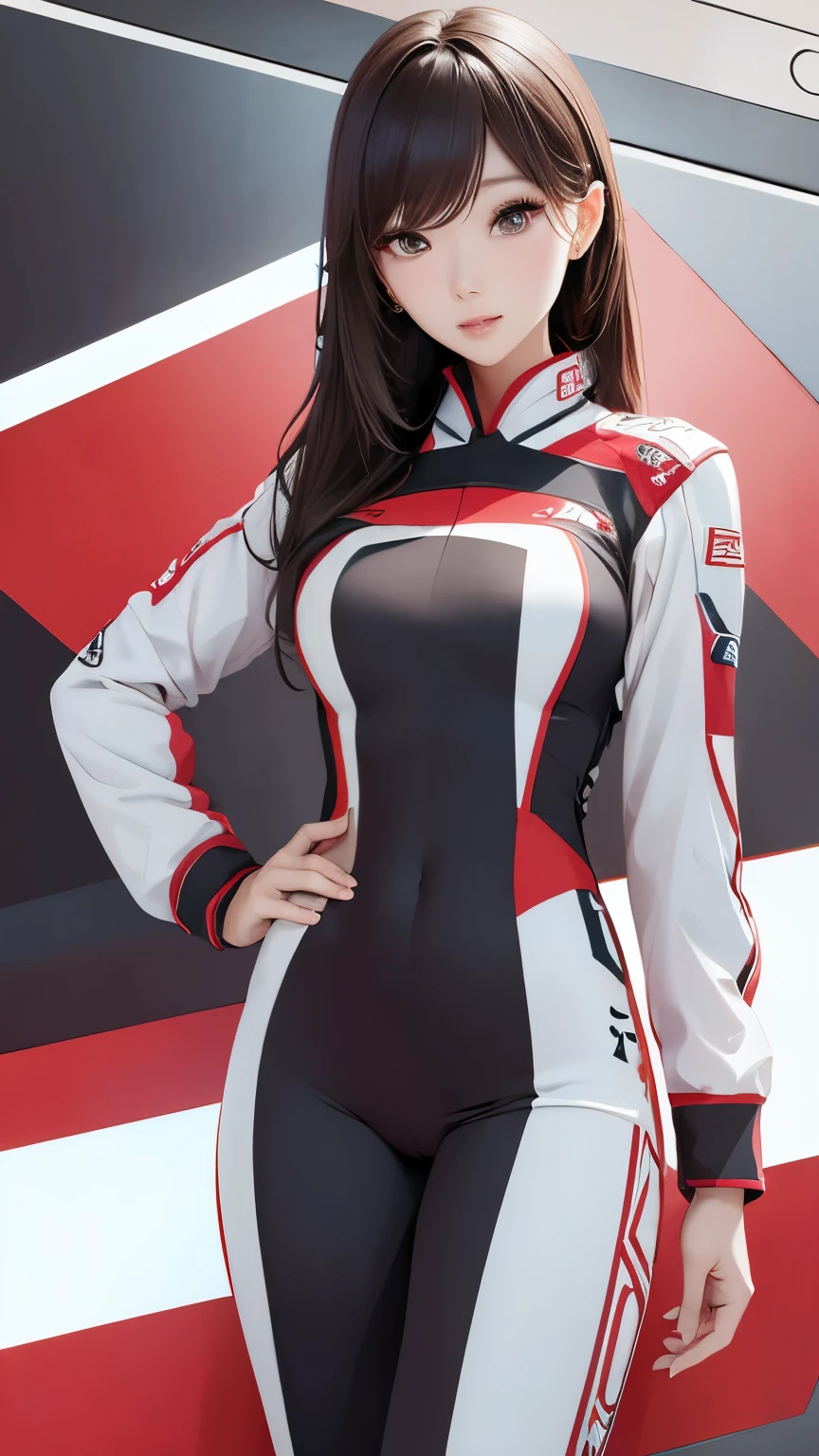 Beautiful Korean female idol, Wear a racing suit, Standing in front of the camera, Detailed and realistic portraits, High resolution 8K, Best quality, Super detailed facial features, Complex skin texture, Professional lighting