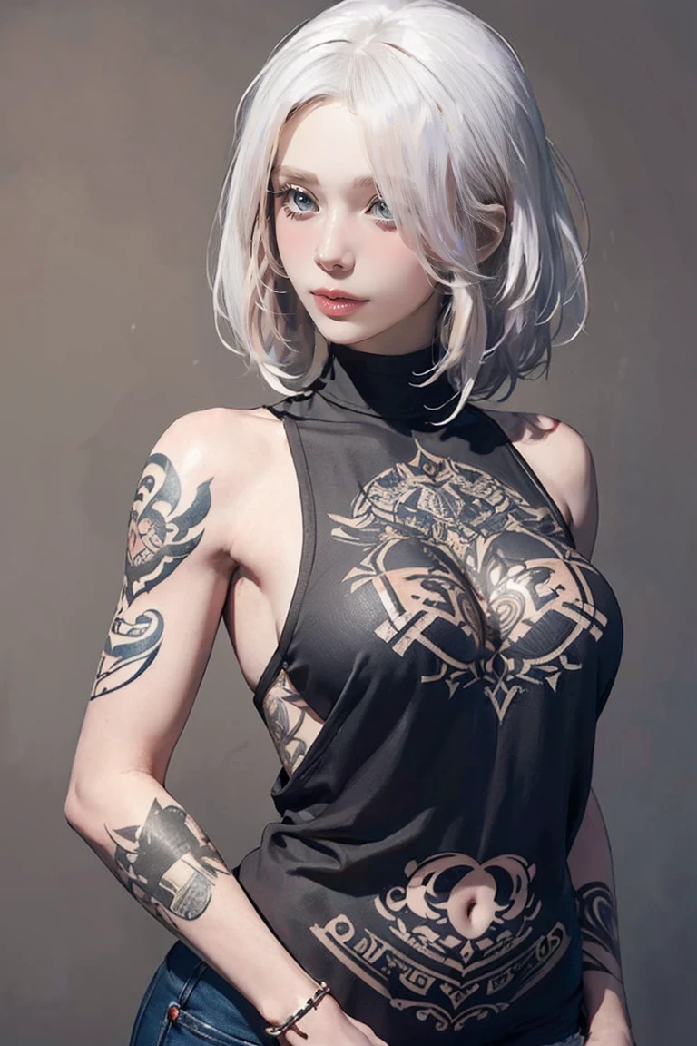 (((Gray Hair))),(((White Hair))),Perfect Style, Beautiful Face, Highly detailed face and skin textures, (Maximum resolution: 1.2), A beautiful woman, Height: 167cm、Weight: approx. 40kg, Hip Up, jewelry, (((She has many tattoos all over her body)), Streetwear, I&#39;I am working out at the gym, Shorts, High heels, (((Narrow waist))), ((Large Breasts))