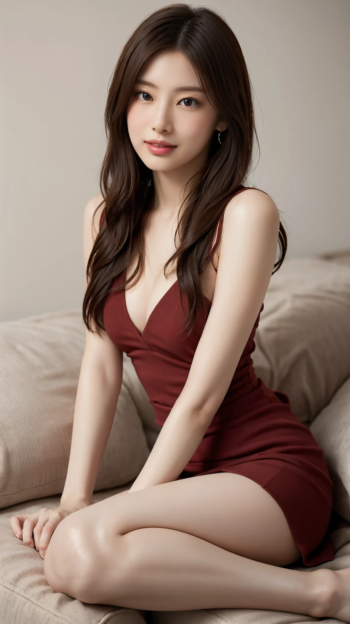 1girl in,Sitting on a cozy sofa,cross one's legs,Soft light,Chinese beauty, dark red dress,A dark-haired,length hair