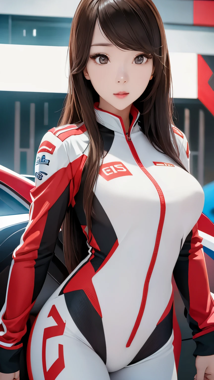 Beautiful Korean female idol, Wear a racing suit, Standing in front of the camera, Detailed and realistic portraits, High resolution 8K, Best quality, Super detailed facial features, Complex skin texture, Professional lighting