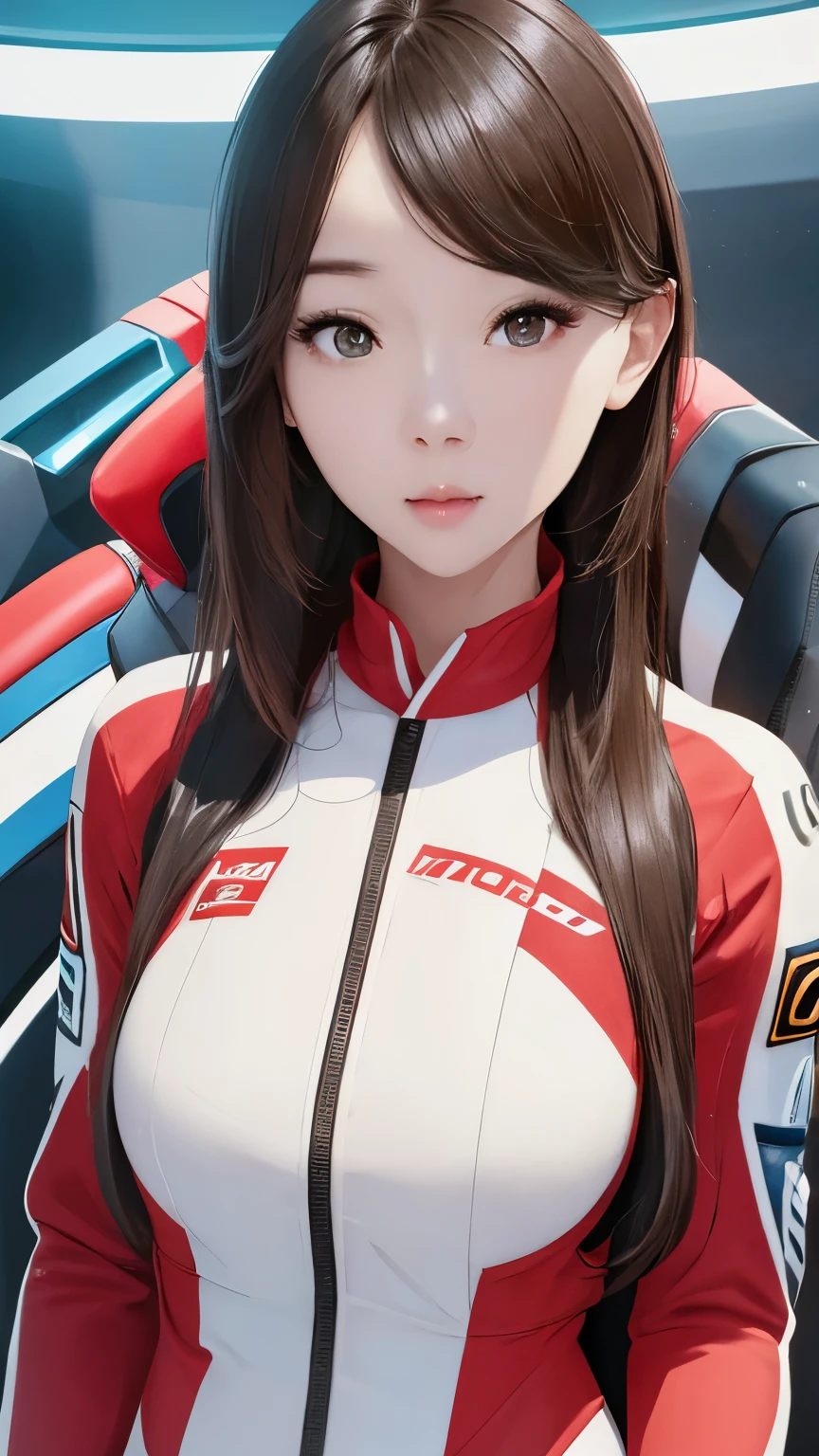 Beautiful Korean female idol, Wear a racing suit, Standing in front of the camera, Detailed and realistic portraits, High resolution 8K, Best quality, Super detailed facial features, Complex skin texture, Professional lighting