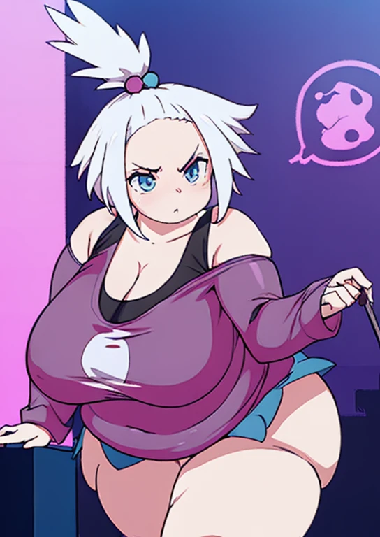 ((best quality, 4k, 8k, anime girl, masterpiece)), ((((beautiful extremely detailed face)))), (((beautiful eyes))), cinematic lighting, ((perfect anatomy)), (((chubby, SSBBW, huge breasts, obese, tall, thick legs, huge breasts, (stand up), wide belly, wide breasts, perfectly round breasts))), ((thick outlines, anime style, vibrant colours)), ((roxie \(pokemon\),)), ((white hair, topknot, forehead)),