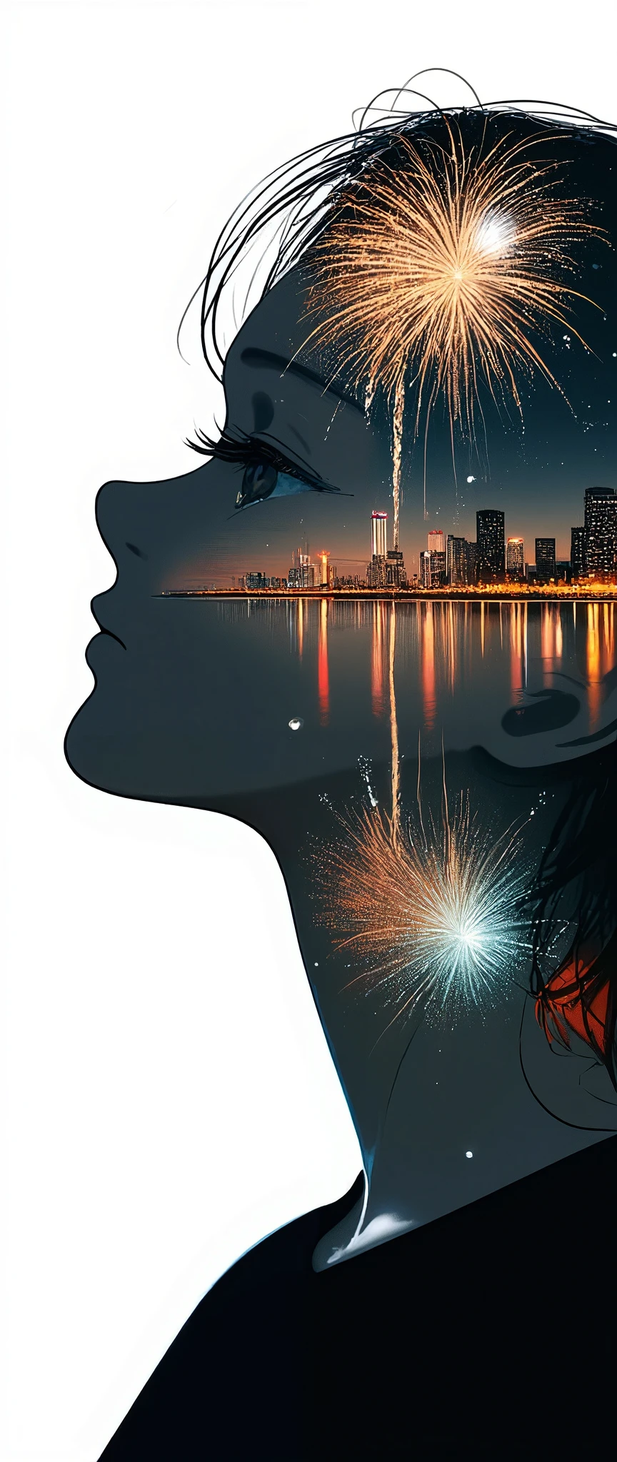 Double exposure photography of the profile of the monochrome girl face\(looking up\) which is seamlessly superimposed with a colorful and beautiful fireworks in the sky of the beautiful lake in the city