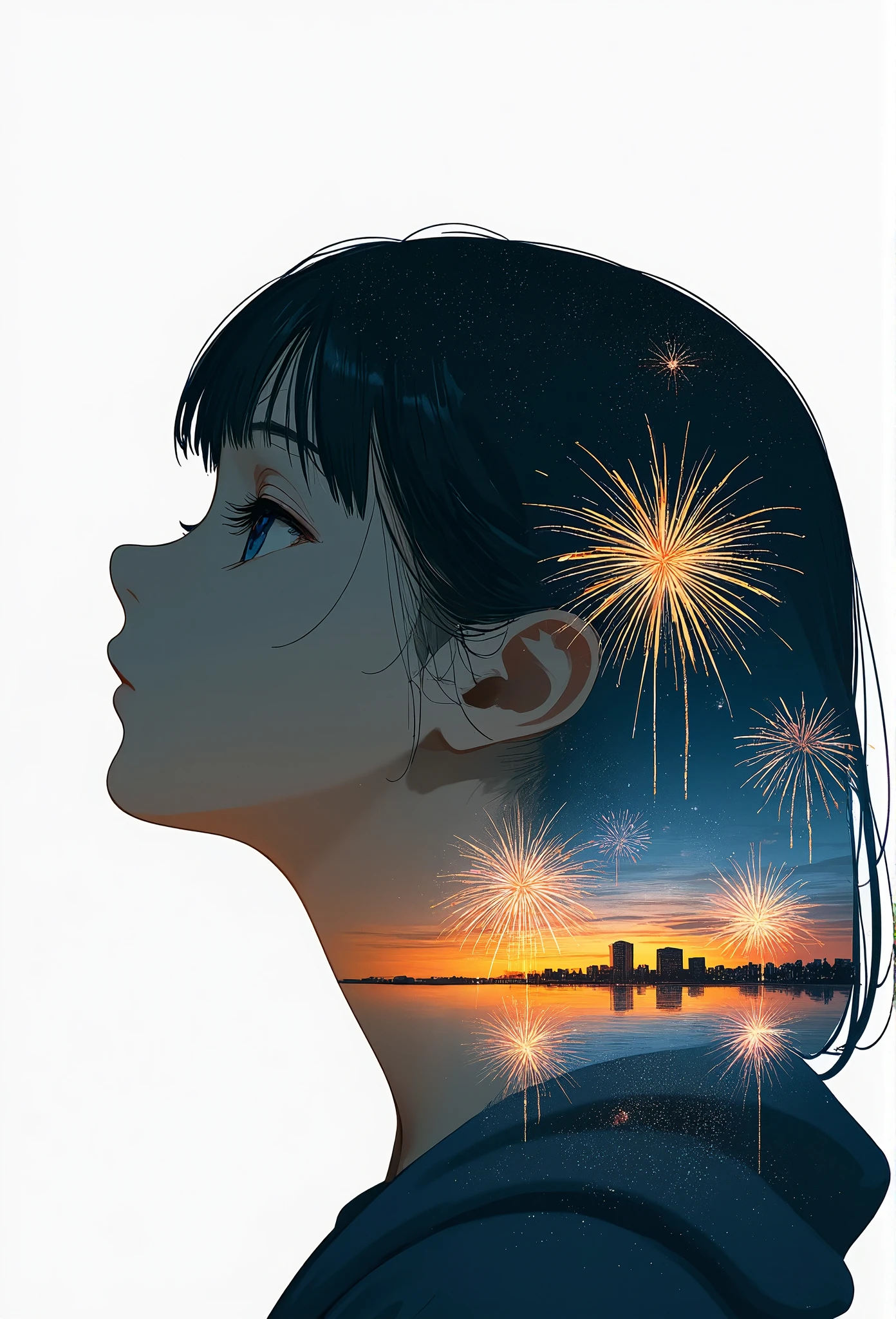 Double exposure photography of the profile of the monochrome girl face\(looking up\) which is seamlessly superimposed with a colorful and beautiful fireworks in the sky of the beautiful lake in the city