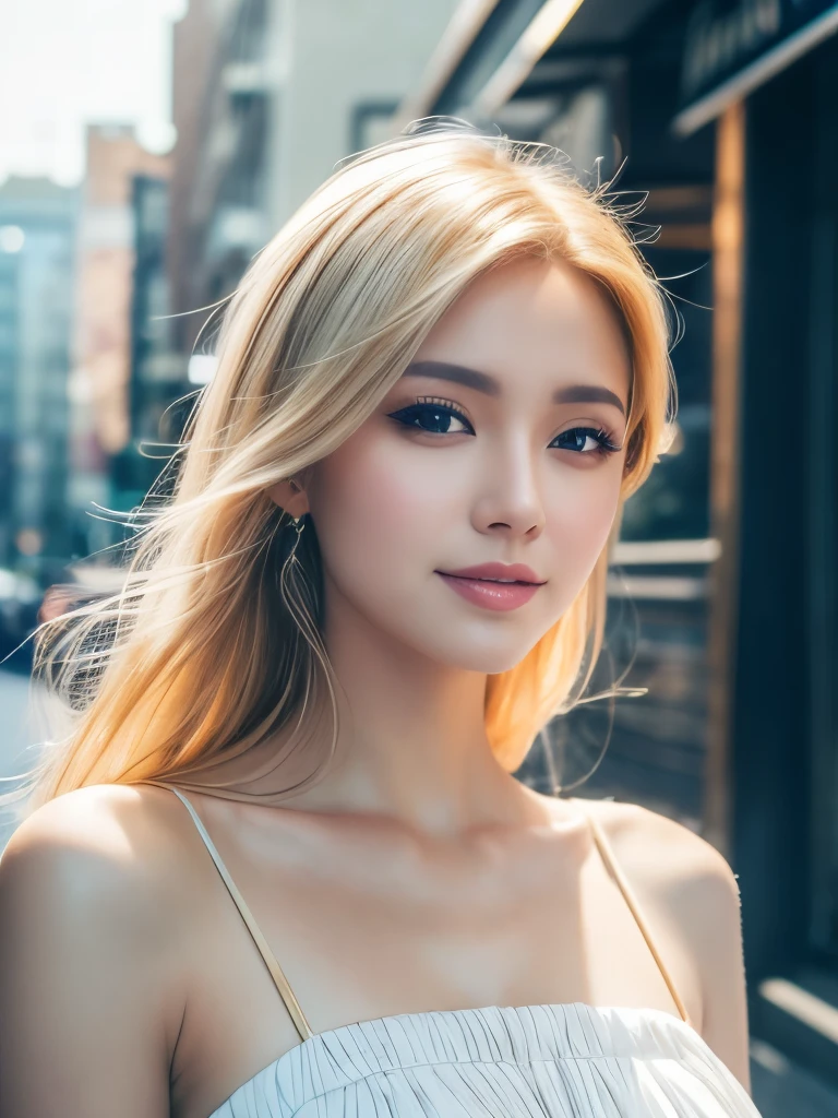 Blonde Hair、Light Hair Color、Shiny Hair、sexy、Beautiful eyelashes、 Beautiful eyes in every detail、Natural lip color、long hair、Cute face、Accentuate your breasts，Large Breasts，looking at viewer、Plain T-shirt、Short sleeve、Pichi Pichi costume、leather skirt、leather thigh boots、Shopping Centre、Apparel Shop，squat、bag、blush、A man&#39;s hand is visible