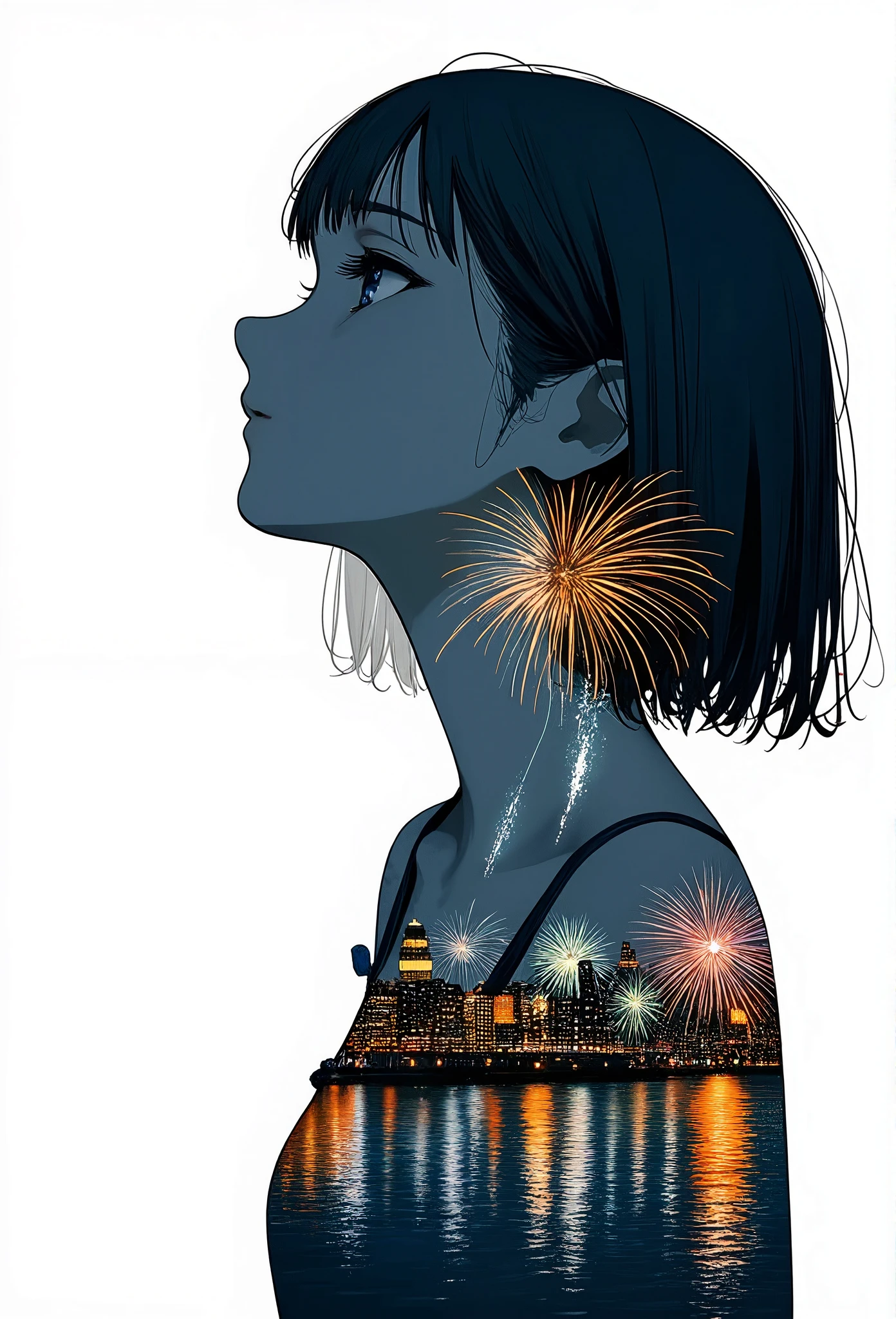 Double exposure photography of the profile of the monochrome girl face\(looking up\) which is seamlessly superimposed with a colorful and beautiful fireworks in the sky of the beautiful lake in the city