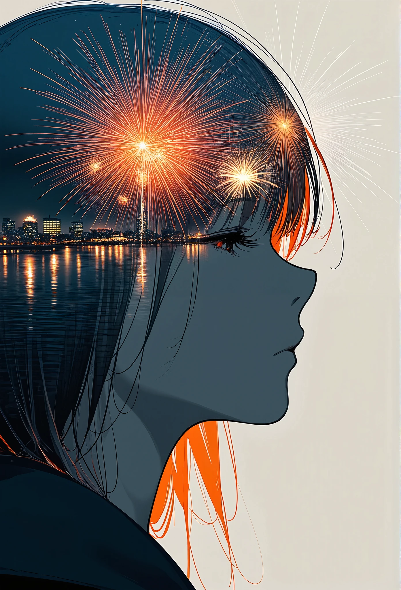 Double exposure photography of the profile of the monochrome girl face closing eye which is seamlessly superimposed with a colorful and beautiful fireworks in the sky of the beautiful lake in the city