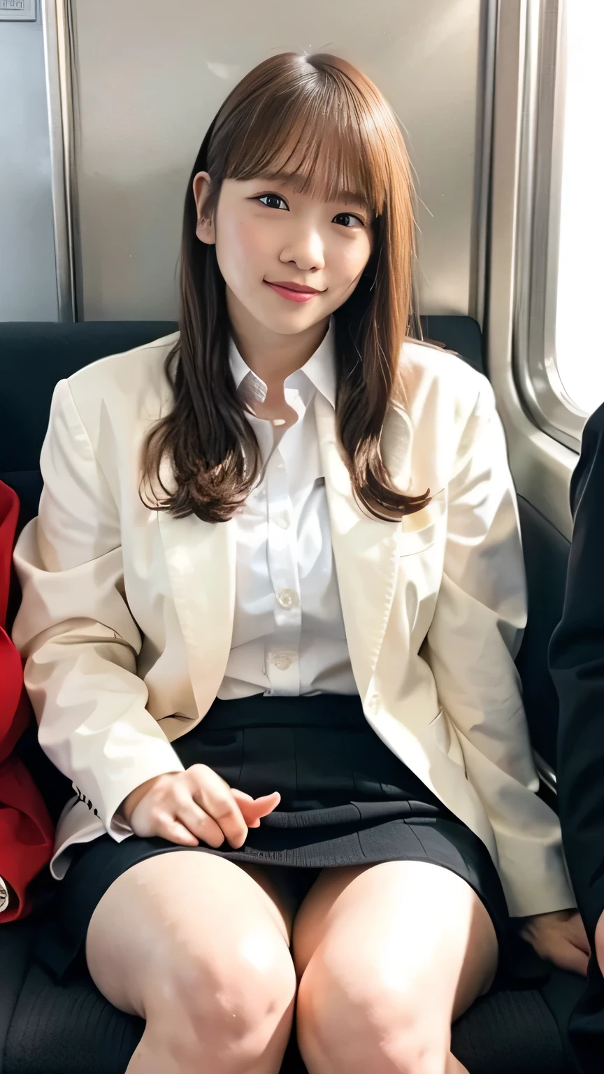 (Top quality masterpiece, 8k, RAW Photos, beautifully、beautiful:1.2), Intricate details, Realistic indirect lighting, whole body, sit on train seat、Business jacket、Tight skirt、White panties、Gazing at the audience、smile、happy、Peeking、 High School Uniform、 woman&#39;training , Chair to sit under skirt,Ultra-high resolution,8k,Bokeh,Sharp focus,Highly detailed face,Spanish Girls,beautiful足,thin,(Small breasts),Very beautiful eyes、Short Bob
