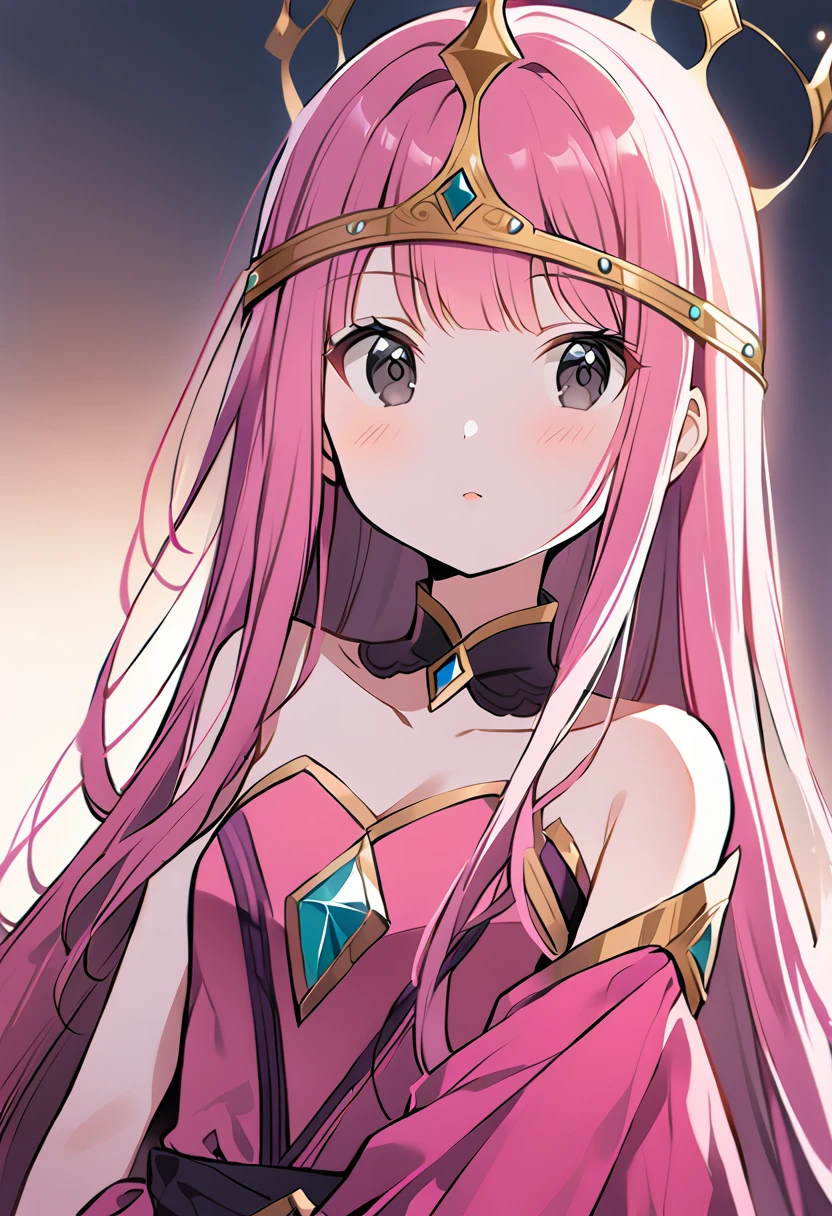 1girl, tall and slender with light pink skin and magenta-pink hair, black eyes, a pink gown with purple trim and a golden circlet crown with a turquoise jewel, Princess Bubblegum