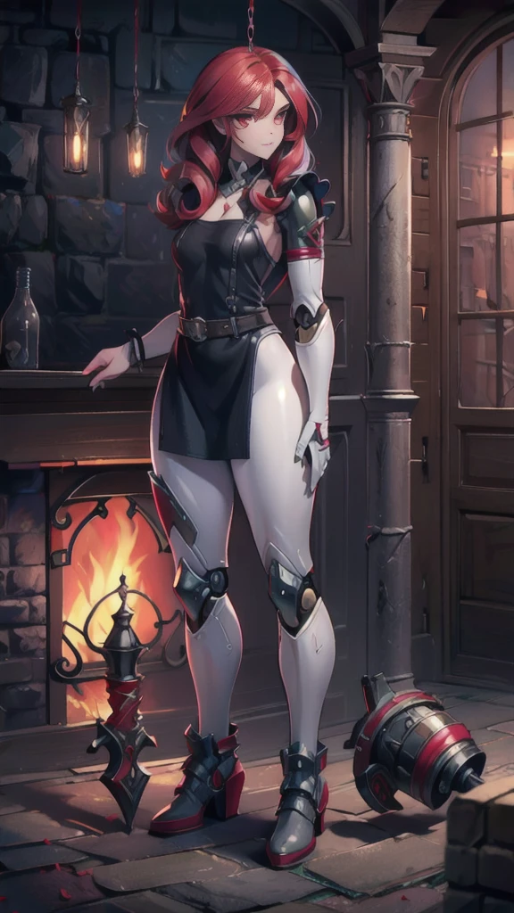 (sfw), (wide angle), 1woman, goddess of the forge, Hephaestus, ruby red eyes, ((blacksmith woman)), middle-aged woman in her 40s, (small bust:1.37), well toned physique, ((medium length wavy hair with crimson roots fading to black tips)), burn scars on chest and arms, (wearing leather apron, apron with glowing symbols), (tight black button up shirt) , (wearing skin tight white leggings), wearing flat heeled work boots, ((swings a huge smithy hammer in one hand, over her head)), smith's hammer is glowing green, she stands at an angelic anvil, (set inside a massive robotic factory:1.37), ((high resolution)), intricately detailed facial features, detailed piercing eyes, refined jawline, masterpiece, 8k, ((hyper realistic)), standing in various modeling poses, cinematic lighting, dramatic shadows, warm color tones, intricate details, hyper-detailed, mlpshimmer, acoaL leggings, wjqhammer 